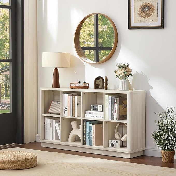 8 Cube Storage Bookcase, 52" Long Horizontal Book Shelf w/Curved Edge, Wood Low 2-Tier Cubby Console Bookshelf with Base, Modern Floor Standing TV Stand for Living Room, Gray-White Cream Oak