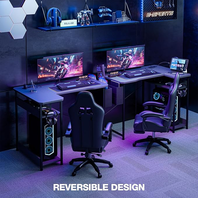 L Shaped Gaming Desk 55 Inch - Computer Corner Desk with Power Outlets, Reversible Shelves & Storage Bag for Home Office, PC Gaming Table, Black Carbon