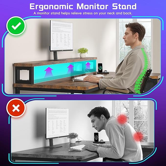 48" Gaming Desk with LED Lights, Computer Desk with Power Outlet & Drawer, L Shaped Desk with Monitor Stand for Gaming, Home Office Desk for Study Room, Bedroom, Living Room, Rustic Brown