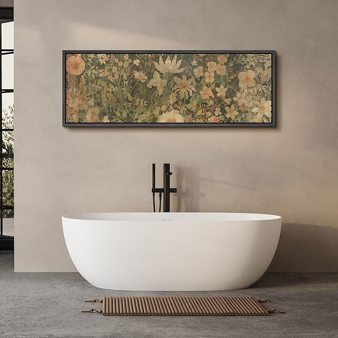 SIGNFORD Large Framed Canvas Botanical Garden in Muted Earth Tones Vintage Floral Illustrations Modern Art Calm Warm for Living Room, Bedroom, Office - 60"x20"