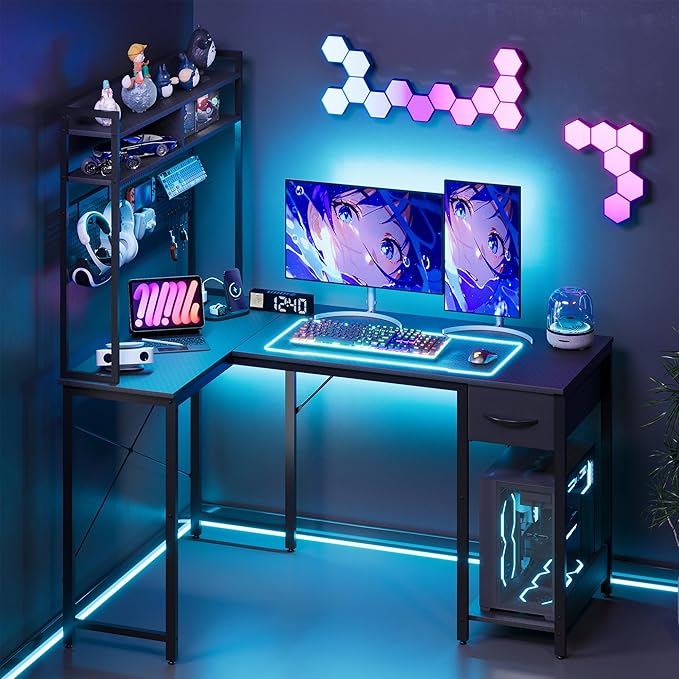 Apicizon L Shaped Gaming Desk 53", Reversible Corner Computer Desk with LED Lights, Carbon Fiber Surface, Pegboard with Hooks, Drawer & PC Tower Stand, USB Charging Port