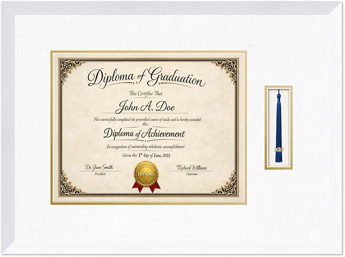 Diploma Frame with Tassel Holder Bright White Shadowbox Oyster Shell Over Gold Mat - Fits 14 x 11 Degree Made in the USA