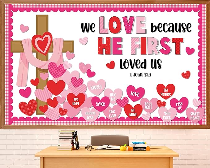 Valentine's Day Christian Jesus Bulletin Board Set Valentines Religious Bible Verse Bulletin Board Heart Cross Patterned Paper Cutouts for Church Sunday School Classroom Home Chalkboard Wall Decor