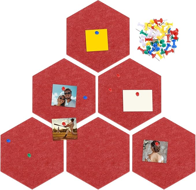 uxcell 6 Pcs Hexagon Felt Pin Board with 40 Pcs Pushpins 8.7" x 7.5" Self Adhesive Felt Bulletin Board Cork Boards for Walls Decorations Paste Notes Photos Schedules, Red