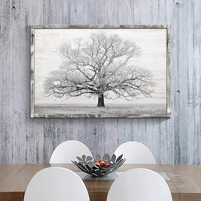 Wooden Winter Tree Wall Art: Farmhouse Foggy Landscape Picture Painting Print on Natural Wood with Handcrafted Rustic Wooden Framed Artwork (45” x 30”)
