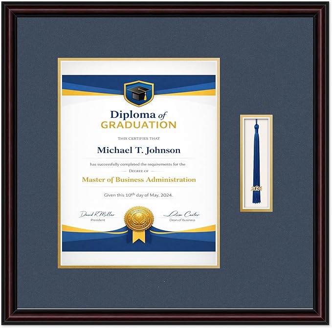 Diploma Frame with Tassel Holder 20.25 x 20 Executive Brown Shadowbox Navy Blue Over Gold Mat - Fits 10 x 13 Degree Made in the USA
