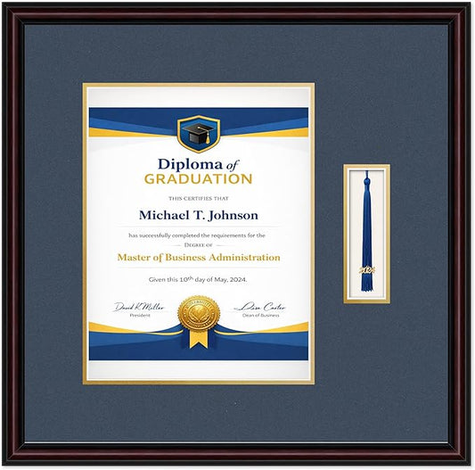 Diploma Frame with Tassel Holder 20.25 x 20 Executive Brown Shadowbox Navy Blue Over Gold Mat - Fits 10 x 13 Degree Made in the USA