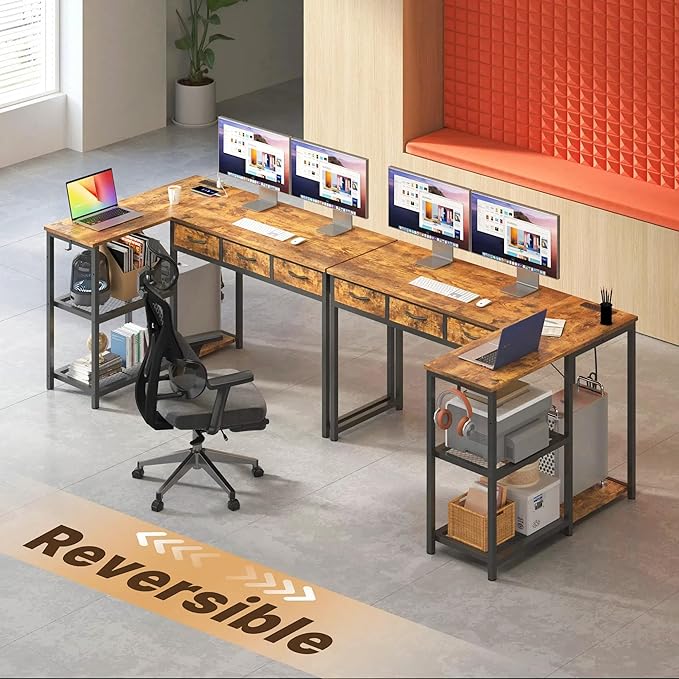 Gizoon Corner Computer Desk, 53 Inch L Shaped Office Desk with Power Outlets, Drawers, Reversible Storage Shelves, CPU Stand and Hooks for Living Room, Home Office, Study, Gaming(Rustic Brown)