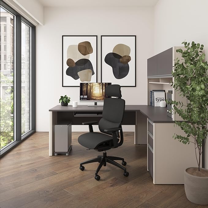 Bestar Connexion L Shaped Desk with Hutch and Pedestal in Slate and Sandstone, 72W | Large Corner Table for Home Office Workspace or Personal Work Area