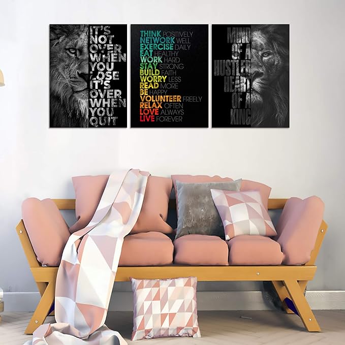 Motivational Office Wall Art Inspirational Canvas Wall Art Hustle Posters Wall Decor Print Entrepreneur Quote Wall Painting Picture 3 Pieces Artwork for Bedroom Home Decor Wooden Framed (36”Wx16”H)