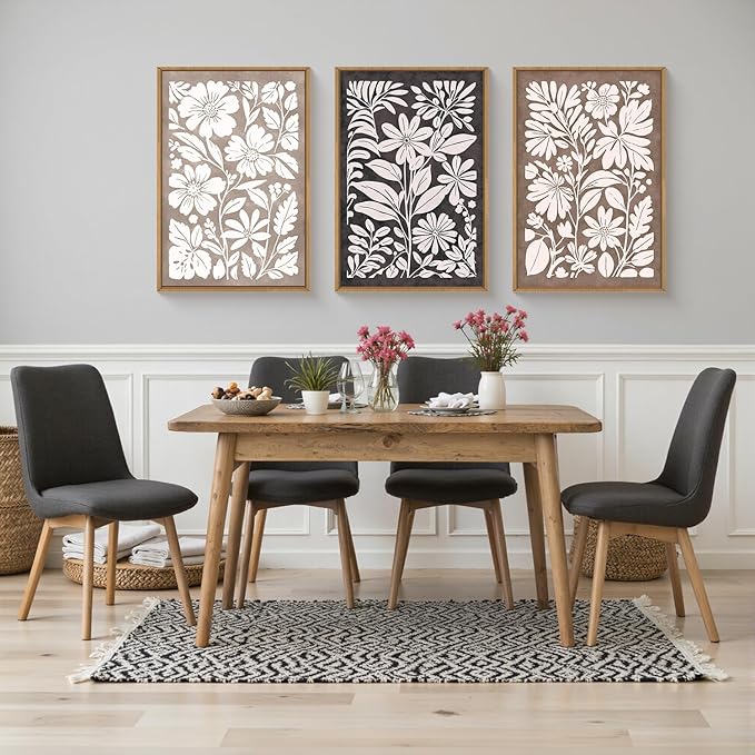 HLNIUC Black Brown Botanical Flower Wall Art Framed, Neutral Minimalist Wildflower Wall Decor set of 3 (24"x36"), Rustic Farmhouse Grey Canvas Painting, Nature Prints for Living Room, Bedroom, Office