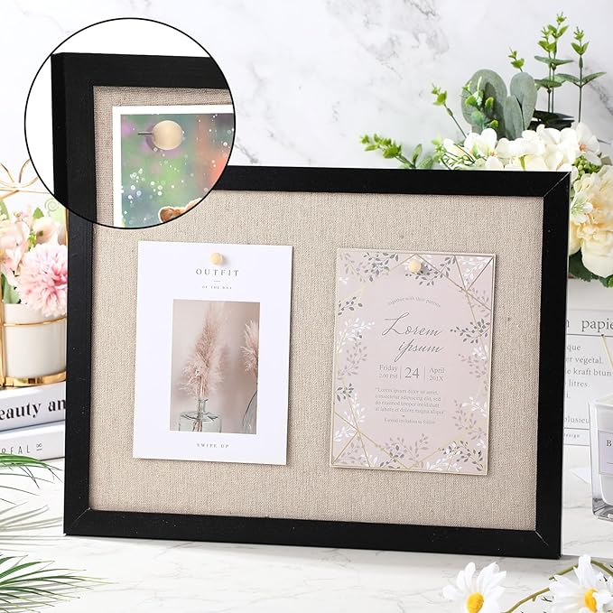 Teling 6 Pack Wood Bulletin Boards with Linen 12''x 16'' Cork Board for Walls with 60 Pushpin Decorative Wood Framed Display for Classroom School Office Bedroom (Black)