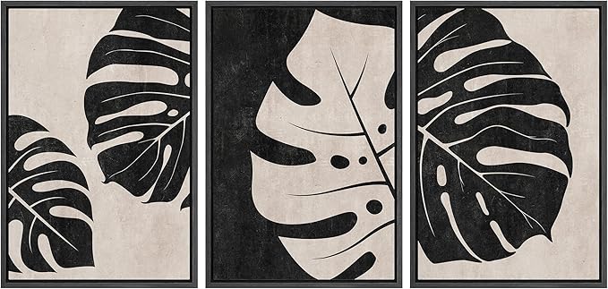 IDEA4WALL Framed Canvas Print Wall Art Set Tan Black Tropical Jungle Safari Monstera Leaves Abstract Shapes Illustrations Modern Art Nordic for Living Room, Bedroom, Office - 24"x36"x3 Black
