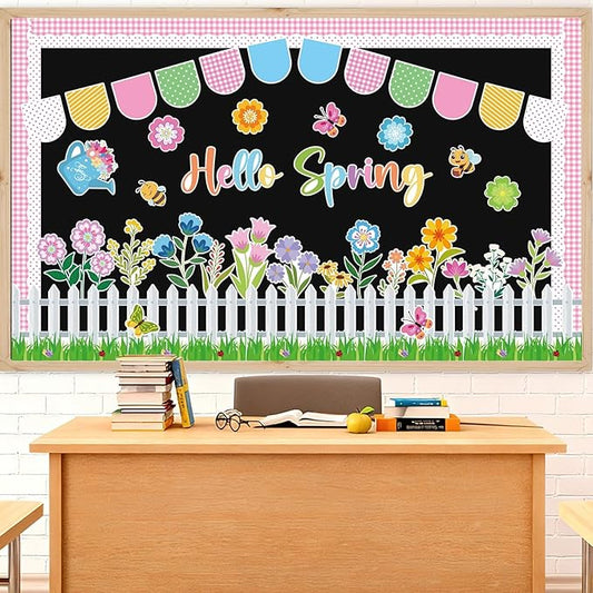 55Pcs Spring Bulletin Board Decorations Set Hello Spring Flower Cutouts Butterfly Bee Floral April Bulletin Board for Classroom Back to School Office Home Chalkboard Door Wall Decor