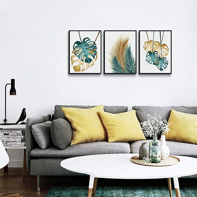 Black Framed Wall Art For Living Room Wall Decorations For Bedroom Kitchen Wall Decor Dining Room Abstract Painting Leaves Wall Pictures Artwork Bathroom Home Decor 3 Piece Framed Art Prints
