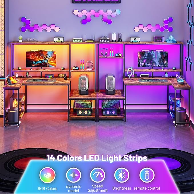 Computer Desk with LED Lights & Outlets,55" L Shaped Gaming Desk with Shelves & Storage Hutch,Reversible Corner Gaming Table with Printer Space & Monitor Stand for Home Office,Rustic Brown