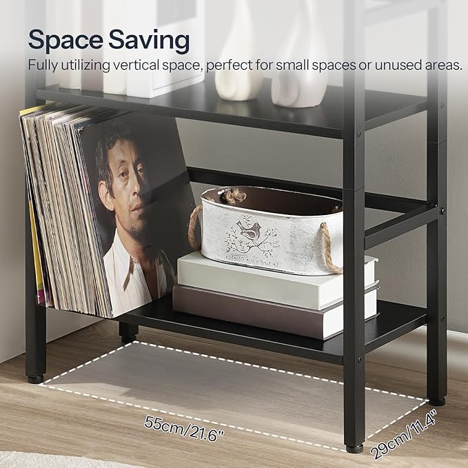 HOOBRO 3 Tier Bookshelf, Industrial Bookcase, Record Storage Rack with Side Fence, Wood Storage Shelf with Metal Frame, Rustic Open Display Shelf for Living Room, Bedroom, Black BB86CJ01G1