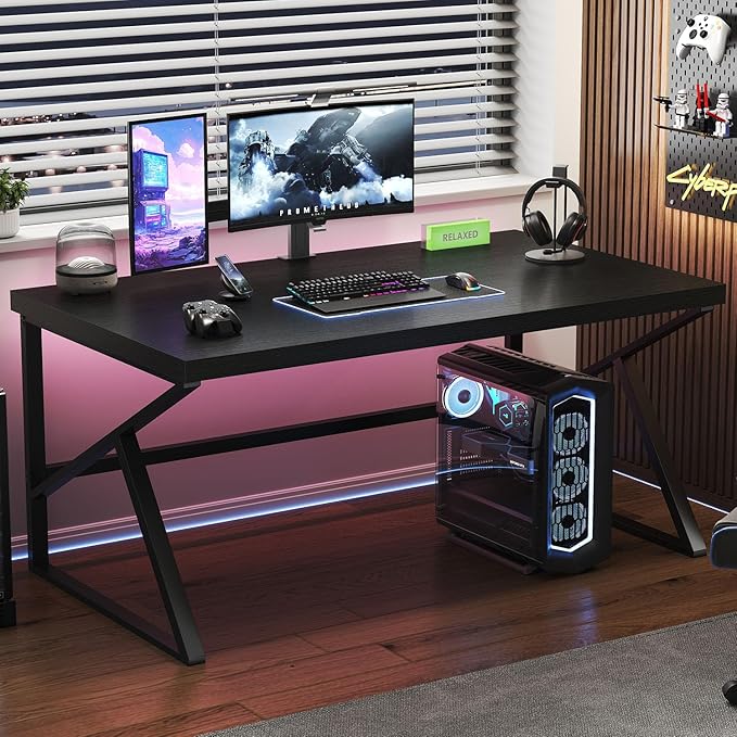 HSH Black Computer Desk, Long Home Office Laptop PC Desk, Large Industrial Metal Wood Executive Writing Gaming Workstation Desk, Modern Simple Student Study Work Table for Bedroom Living Room, 60 Inch