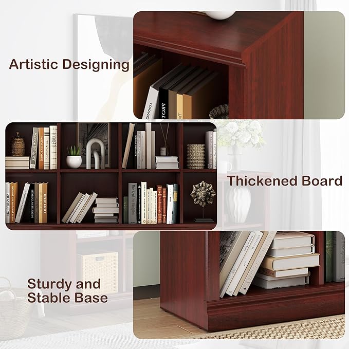 8 Cube Storage Organizer Bookcase - 2 Tiers 8 Storage Cube Adjustable Space Book Case, Display Cabinet Organizer, 54.7 inch Width Horizontal Bookshelf for Home Library Office, Mahogany