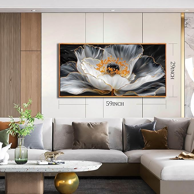 Floral Wall Pictures White Wall Art Lotus Wall Decorations Large Modern Artwork 29"x 59"Art for Kitchen Hotel