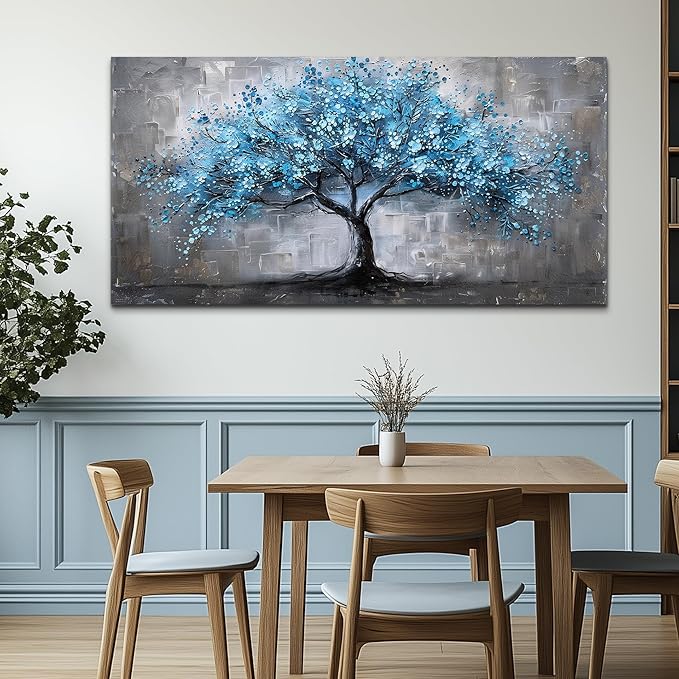 FUHAIHUA Canvas Wall Decor For Bedroom Large Wall Art For Living Room Office Decortions Black And White Paintings Blue Trees Wall Pictures Framed Mural Aesthetic Home Decor Posters Artwork 24x48 In