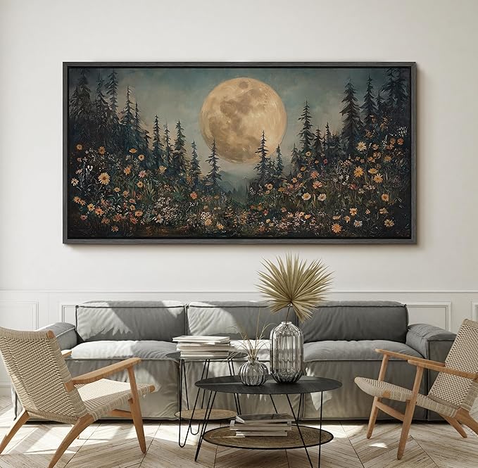SIGNFORD Extra Large Framed Canvas Moonlit Forest with Wildflowers Mystical Illustrations Modern Art Calm Warm for Living Room, Bedroom, Office - 60"x30"