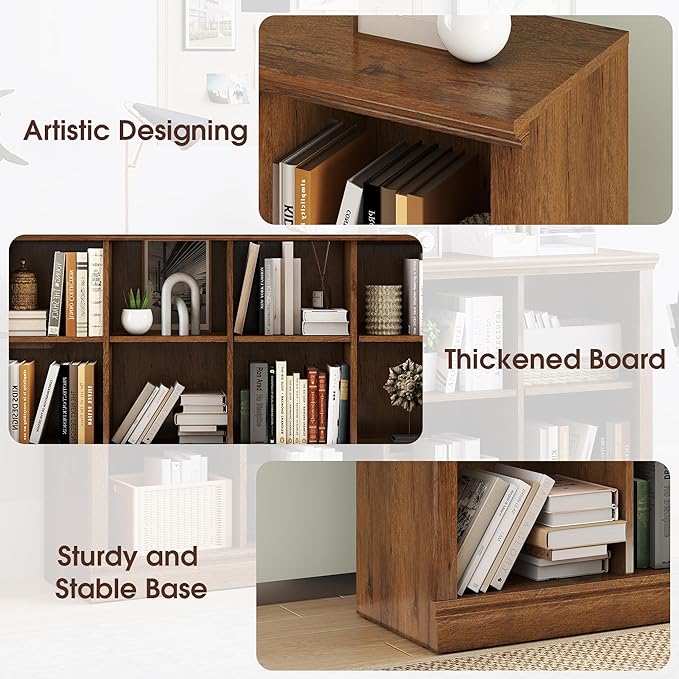 8 Cube Storage Organizer Bookcase - 2 Tiers 8 Storage Cube Adjustable Space Book Case, Display Cabinet Organizer, 54.7 inch Width Horizontal Bookshelf for Home Library Office, Vintage Oak
