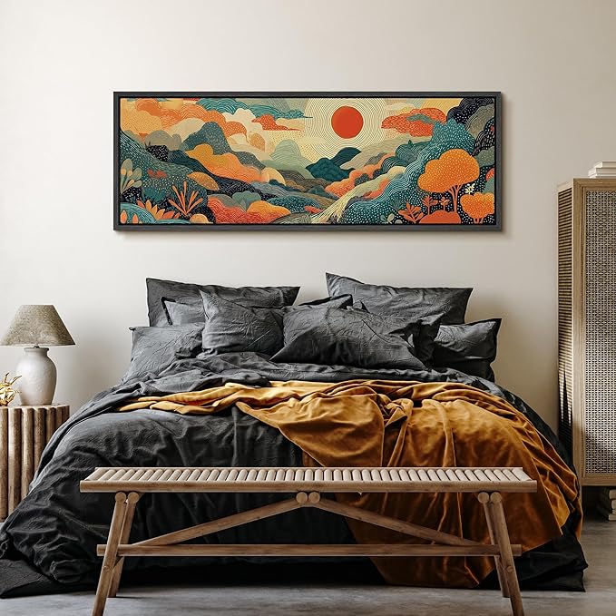 SIGNFORD Large Framed Canvas Whimsical Sunlit Hills Illustrations Modern Art Calm Warm for Living Room, Bedroom, Office - 60"x20"
