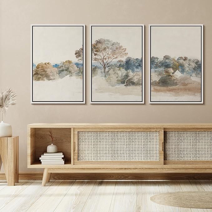 SIGNFORD Framed Wall Art Print Set Pastoral Elegance Soft Watercolor Trees and Fields Illustrations Modern Decorative Multicolor Relax/Calm Chic for Living Room, Bedroom, Office - 24"x36"x3 White