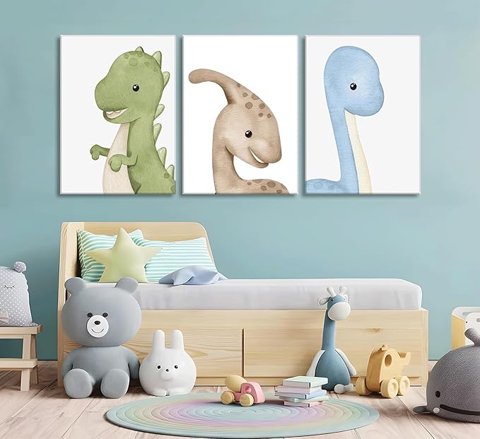 Dinosaur Wall Art Nursery Wall Decor Watercolor Dinosaur Posters Kids Room Canvas Funny Animals Prints neutral dino Pictures Boy Girl Nursery Bedroom Painting Ready to Hang Decorations Framed (Beige, 12x16in canvas)