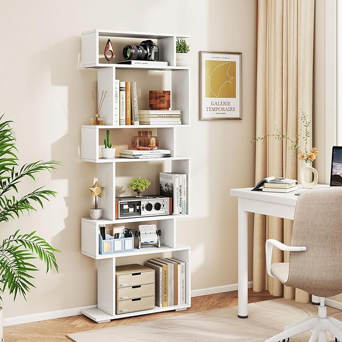 Giantex 6-Tier Geometric Bookshelves Set of 2, S-Shaped Bookcase with 2 Anti-Tipping Kits, Wooden Display Shelf, Decorative Storage Shelving Unit, Home Storage Organizer for Office Living Room, White