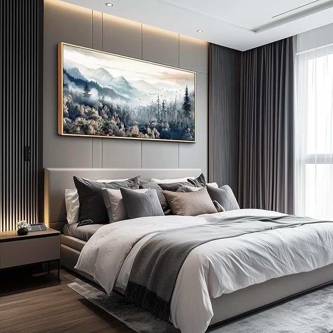 hyidecorart Fog Forest Landscape Wall Paintings Wood Framed Wall Art For Living Room Large Abstract Canvas Wall Decor For Office Modern Bedroom Home Decoration Stretched and Framed Pictures Artwork