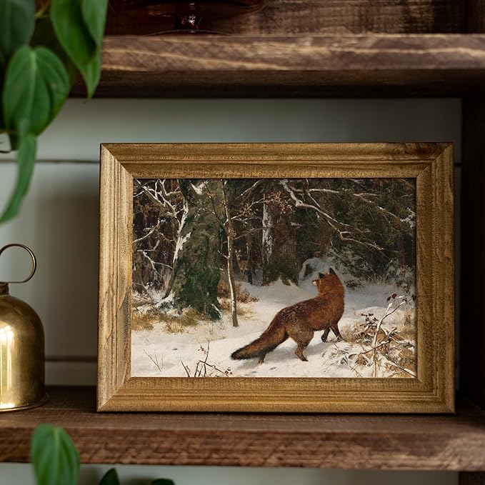 uniro Vintage Wall Art Prints - Vintage Landscape Oil Painting, Antique Fox in Winter Christmas Wall Decor - Farmhouse Canvas Wall Art Decor - Retro winter Landscape Watercolor Animal Picture Aesthetic for Bedroom Bathroom Living Room Christmas Holiday...