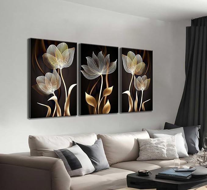 3 Pieces Modern Abstract Brown Flowers Canvas Wall Art Minimalism Black and Gold Floral Painting Pictures Luxury Wall Decor Posters Print Artwork for living room Office Bedroom Home Decoration