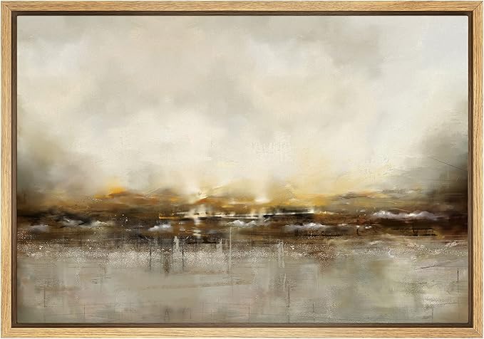 SIGNWIN Framed Canvas Wall Art Dramatic Golden Landscape by The Sea on a Cloudy Day Coastal Ocean Oil Painting Abstract Modern Closeup for Living Room, Bedroom, Office - 16"x24" Natural