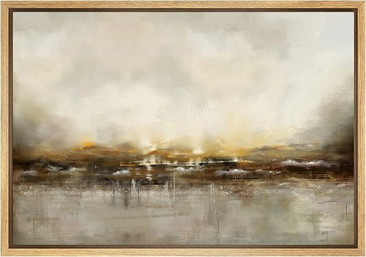 SIGNWIN Framed Canvas Wall Art Dramatic Golden Landscape by The Sea on a Cloudy Day Coastal Ocean Oil Painting Abstract Modern Closeup for Living Room, Bedroom, Office - 16"x24" Natural