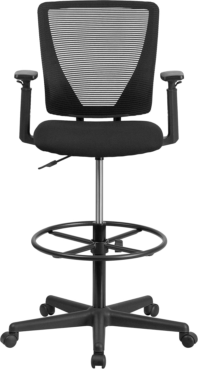 Flash Furniture Harper Ergonomic Mid-Back Mesh Drafting Chair with Black Fabric Seat, Adjustable Foot Ring and Adjustable Arms
