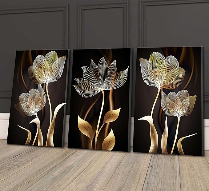 3 Pieces Modern Abstract Brown Flowers Canvas Wall Art Minimalism Black and Gold Floral Painting Pictures Luxury Wall Decor Posters Print Artwork for living room Office Bedroom Home Decoration