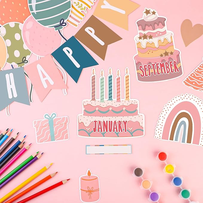 87 Pcs Boho Birthday Bulletin Board Decorations Boho Classroom Bulletin Decor Happy Birthday Board Cutouts for School Classroom Chart Calendar Wall Decor