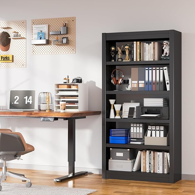 61" Tall Metal Bookshelf,5-Tier Display Bookcase,Industrial Open Bookcases with Adjustable Shelves,Black Standing Modern Bookshelves for Library,Office,Bedroom,Living Room