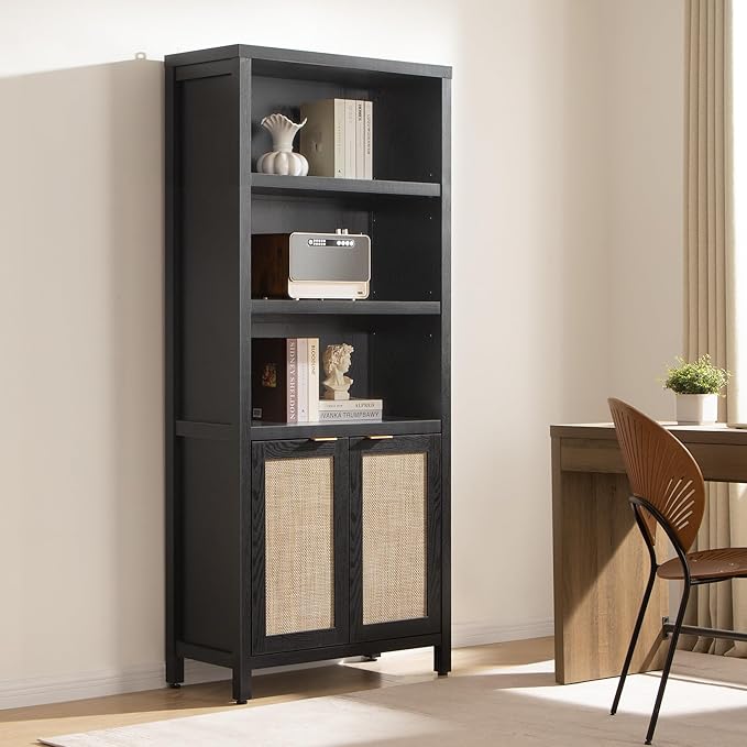SICOTAS Bookcase 71" Tall Bookshelf 5 Tier Rattan Boho Bookcase with Doors Storage Large Book Case Shelf Farmhouse Bookshelves Library Book Shelves for Living Room Bedroom Home Office Kitchen