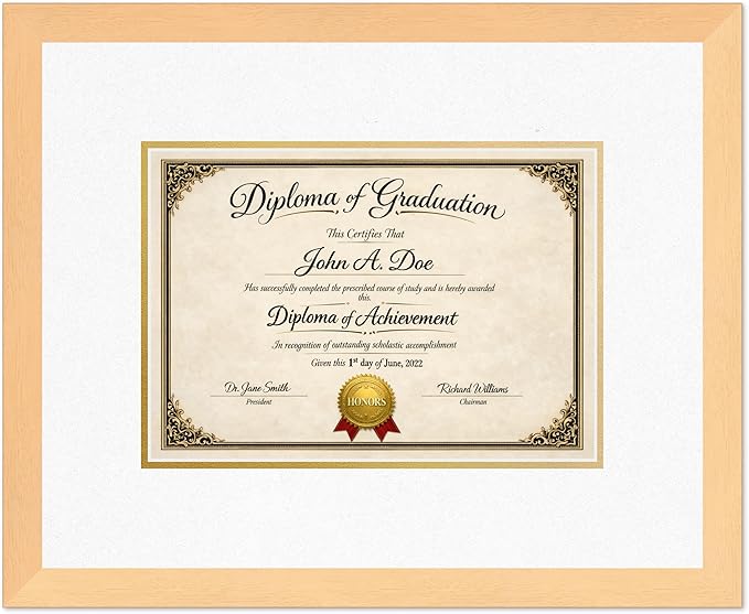Diploma Frame Natural Wood with Oyster Shell Over Gold Double Mat - Fits 11.69 x 8.27 A4 Certificate Wall Display Made in the USA