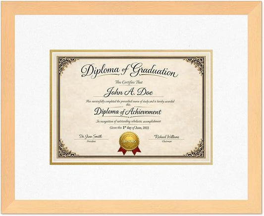 Diploma Frame Natural Wood with Oyster Shell Over Gold Double Mat - Fits 11.69 x 8.27 A4 Certificate Wall Display Made in the USA