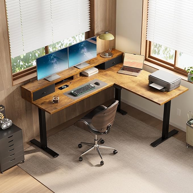 Casaottima 59 Inch Electric L-Shaped Standing Desk with Drawers, Height Adjustable Stand Up Corner Desk with Monitor Stand, Lift Table for Home, Office, Workstation, Rustic Brown