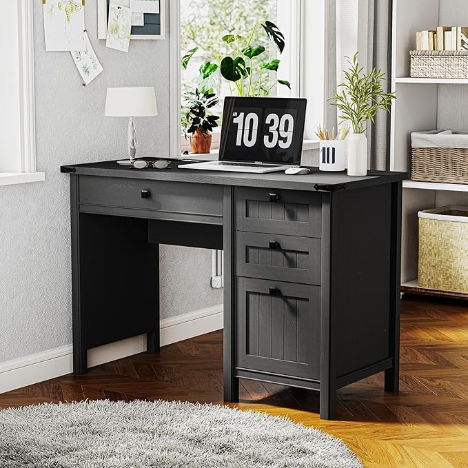 Farmhouse Executive Desk 45 inch Computer Desk with 4 Drawers, Smart Charging Station, Home Office & Study Room Essential for Remote Workers, Professionals & Students.Black