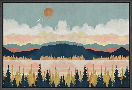 SIGNFORD Framed Canvas Print Wall Art Woodland Nursery Decor Mountain, Forest & Lake Abstract Wilderness Modern Art Rustic Scenic Colorful for Living Room, Bedroom, Office - 16"x24" Black
