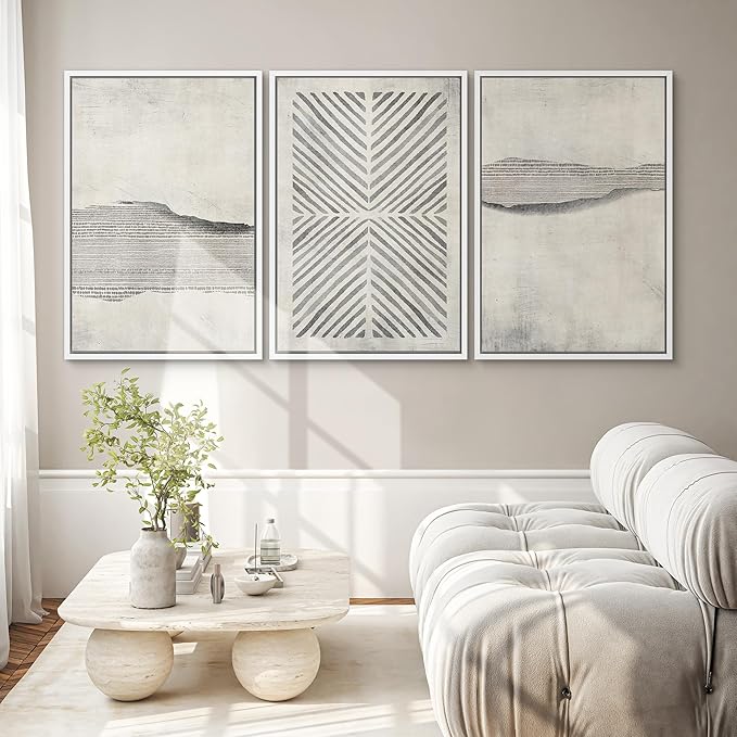 SIGNWIN Framed Canvas Print Wall Art Set Grunge Geometric Line Landscape Abstract Shapes Cozy Neutral Modern Art Decorative Boho Relax/Zen Nordic for Living Room, Bedroom, Office - 24"x36"x3 White