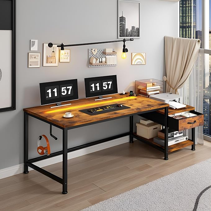 56 Inch Computer Desk,Reversible Office Desk with LED Lights & Power Outlets,Writing Desk with Wide Tabletop for Study,Writing,Desk with Drawers & Printer Shelf for Storage,Craft,Rustic Brown