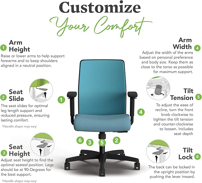HON Ignition 2.0 Low Back Task Chair, Spectrum Mesh, Standard Synchro-Tilt Control, Office Chair with Lumbar Support, Height and Width Adjustable Arms, Black Frame, Sky