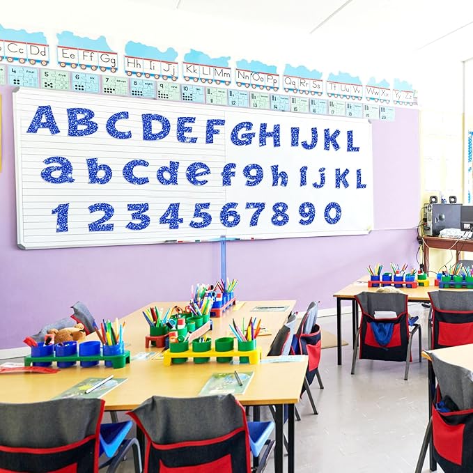 Colarr 216 Pcs Glitter Bulletin Board Letters for Classroom Number Alphabet Punctuation Symbol Cutout 4'' Die-Cut Poster Letter with Adhesive Dot School Party Holiday Decor Display(Blue)